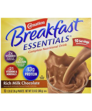 Carnation Breakfast Essentials Powder Drink Mix, Rich Milk Chocolate, 10 Count Box of Packets (Packaging May Vary)