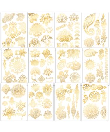 Qpout 12 Sheets Metallic Temporary Tattoos for Kids Girls Women  Gold Tattoos Waterproof  Bronzing Tattoo Stickers  Tribal Totem Butterfly Flower Fake Tattoos  Face Hand Arm Chest Tattoos Decoration