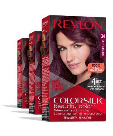 Permanent Hair Color by Revlon Permanent Red Hair Dye Colorsilk with 100% Gray Coverage Ammonia-Free Keratin and Amino Acids Red Shades (Pack of 3) 34 Deep Burgundy