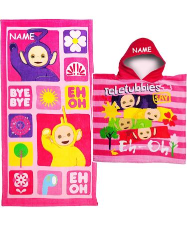 Teletubbies 2-Piece Bath & Beach Towel Set with Personalized Name - 100% Cotton Hooded Poncho - 70x140 cm - Soft Terry/Velor - Ideal for Kids - Buy Online on GoSupps.com