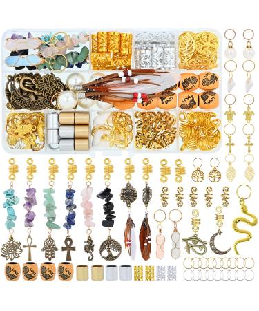 Lykoow161Pcs Dreadlocks Hair Jewelry Gold Wire Wrapped Crystal Hair Beads Loc Jewelry Hair Accessories for Women Braids, Hair Cuffs Metal Coils Rings Pearls Hair Pendants Hair Clip Decoration 161 Pieces