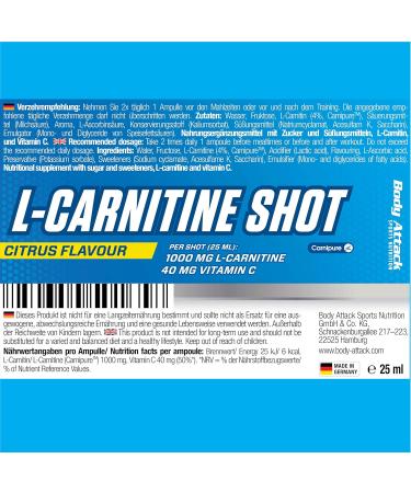 Body Attack L-Carnitine Shot - Lemon Flavor 20x 25ml 1000mg Pure Vegan Carnipure Boost Energy & Metabolism with 40mg Vitamin C - Buy Online on GoSupps.com