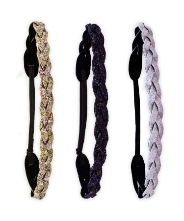 FROG SAC 3 Glitter Headbands for Girls  Adjustable No Slip Headband for Kids  Sparkly Stretch Hair Bands for Tweens  Bling Elastic Nonslip Teen Girl Hair Accessories Glitter Braided