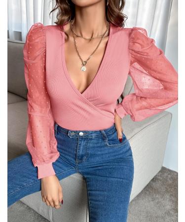 Fayenne Womens Tops Deep V Neck Cross Wrap Sexy Tops Polka Dot Mesh Long Sleeve T Shirt Casual Blouses M Deep Pink - Buy Online on GoSupps.com