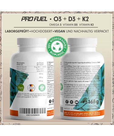 Omega-3 Vegan + D3 & K2 Capsules (240x) - 1100mg Algae Oil 600mg DHA 300mg EPA 1000 IE Vitamin D3 & 40 g K2 - High Dose Lab Tested Omega-3 Supplement - Buy Online on GoSupps.com