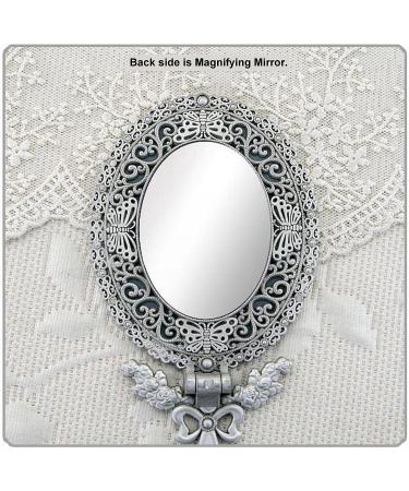 Double Sided Magnification Metal Makeup Mirror - Butterfly Design, Folding Handle Stand for Travel - Large Tin (Matt Gray) - Buy Online on GoSupps.com