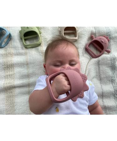 Silicone Baby Teether Set - Anti-Drop Teething Toy & Chew Mitten - Pain Relief Soothing 2 in 1 | Beige Chick & Dark Pink Triceratops - Buy Online on GoSupps.com