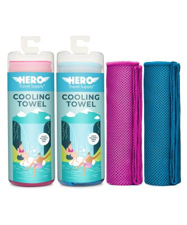 Hero Cooling Towel for Travel, Hiking, Sports, Yoga (2-Pack) Ultra Soft Microfiber 40" x 12" Pink/Blue