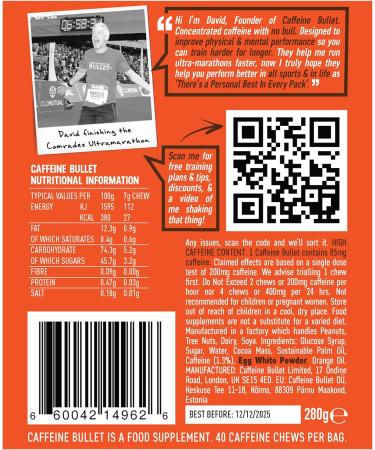 Caffeine Bullet Energy Chews - Chocolate Orange. 4 * 85mg Caffeine Sweets - Faster Kick Than Pills Gels and Gum. Sport Science for Running Cycling Gaming & A Pre Workout Endurance Boost. 1 Packet - 4 Energy Chews - Buy Online on GoSupps.com