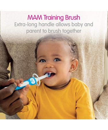 MAM Baby's Brush Set (2 Training Toothbrushes 1 Safety Shield) Baby Toothbrushes with Brushy the Bear Interactive App For Boy 5+ Months Blue - Buy Online on GoSupps.com