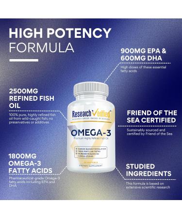Research Verified Omega 3-1800mg Omega 3 Fish Oil - High 900mg EPA + 600mg DHA - No Aftertaste - 60 Softgel Capsules - 3 Bottles - Buy Online on GoSupps.com