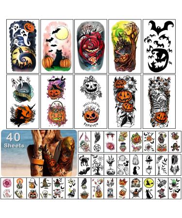 40 Sheets Halloween Funny Waterproof Temporary Tattoo Stickers for Men and Women Witch Pumpkin Lantern Bat Eagle Jack Civet Cat Tattoo Stickers for kids