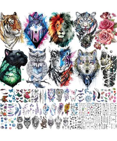 Bilizar 56 Sheets Watercolor Owl Tiger Lion Temporary Tattoos For Women Men Body Art Arm Thigh, 3D Long Lasting Realistic Fake Tattoo Sleeve Stickers For Adults, Wolf Animals Temp Tattoo Decals Kids