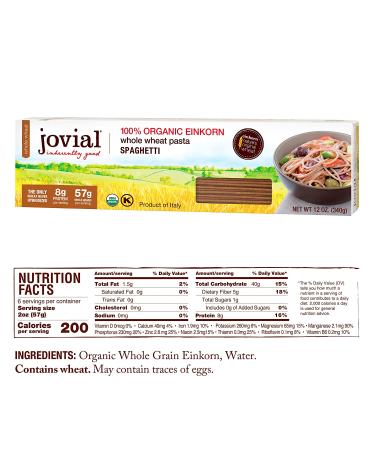 Jovial Organic Whole Grain Einkorn Spaghetti Pasta - Non-GMO, High Protein, Lower Carb - USDA Certified, Kosher - Made in Italy - 12 oz (6 Pack) - Buy Online on GoSupps.com