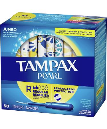 Tampax Pearl Tampons Regular Absorbency 100 Count, BPA-Free Plastic Applicator, LeakGuard Braid, Unscented - Pack of 2 - Buy Online on GoSupps.com