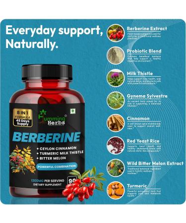 Berberine 1300mg with Ceylon Cinnamon & Turmeric | 8-in-1 Blood Sugar Support Supplement | 90 Veg Capsules | Includes Milk Thistle Bitter Melon & Probiotics for Metabolic Health 1 Count (Pack of 90) - Buy Online on GoSupps.com