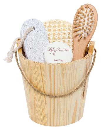 BRUBAKER Wellness Set in a wooden bucket - 5-piece gift set with peeling sponge hairbrush pumice stone soap and wooden bucket