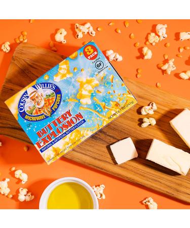 Cousin Willie's Buttery Explosion Microwave Popcorn Bags (4 Boxes, 12 Bags) - Gourmet Snack, Whole Grain, Gluten Free, Low Calorie - Made in USA, Non-GMO - Buy Online on GoSupps.com