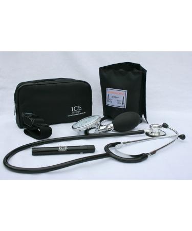 Black Aneroid Blood Pressure Monitor Sphygmomanometer Stethoscope Pen Light (Pen Torch) and Tourniquet - GP Set