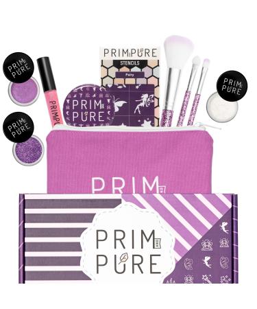 Prim and Pure Kids Makeup Gift Set - Stencil Makeup Eyeshadow Bioglitter Lip Gloss and Cosmetic Bag Mirror Makeup Brush Accessories (Fairy Purple)