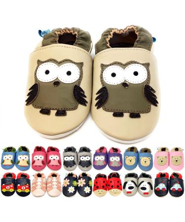 MiniFeet Premium Soft Leather Baby Shoes - BUY 4 PAIRS & GET 1 OF THEM FOR FREE ! - Toddler Shoes - 0-6 Months to 4-5 Years 18-24 Months Beige Owl