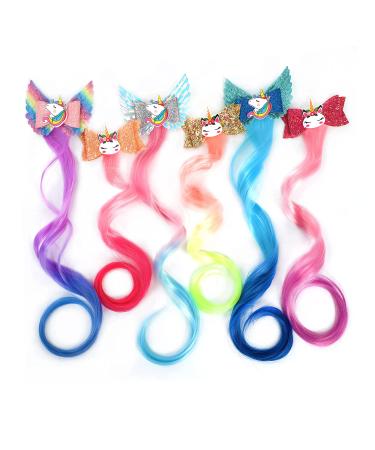 Xuxisowo 6-Colors Unicorn Hair Bows Clips Hair Accessories For Girls Kids Glitter Braided Curly Gradient Color Wig Hair Extensions(6PCS) Cute