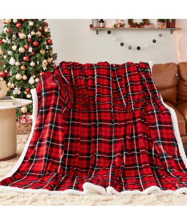 inhand Sherpa Throw Blanket Plaid Warm Cozy Throw Blankets for Couch Sofa Bed Flannel Fluffy Plush Fleece Blankets and Throws Christmas Blanket for Adults Women Men(Dark Red 50 x 60 ) Dark Red 50 x 60 