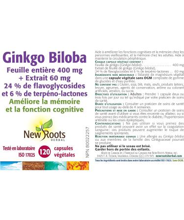 New Roots Herbal - Ginkgo Biloba 120 Capsules - Whole Leaf 400mg and Extract 60mg - Helps to Enhance Cognitive Function and Memory in an Aging Population - Helps to Support Peripheral Circulation 120 count (Pack of 1) - Buy Online on GoSupps.com
