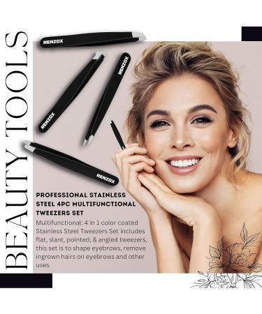 Renzox 4pcs Tweezers for Facial Hair Women & Men Hair Removal Eyebrow Tweezers Professional Stainless Steel Black Color Coated tweezer Set Slanted & Pointed Tip for ingrown Hair with Leather Pouch - Buy Online on GoSupps.com