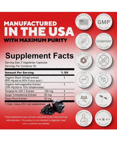 Black SHILAJIT+ for Men 1250mg Ultra Strength Formula with Ashwagandha Tongkat Ali & Turkesterone 80% Fulvic Acid Boosts Energy Vitality Testosterone & Stamina 60 Vegan Capsules - Buy Online on GoSupps.com