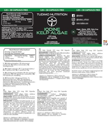 Iodine Sea Kelp Capsules - 225mcg of Kelp Algae Extract - 150 pcs (5 Month Supply) of Rapidly Disintegrating Capsules Each with 225 mcg of Premium Quality & Pure Iodine SeaKelp Powder - Buy Online on GoSupps.com