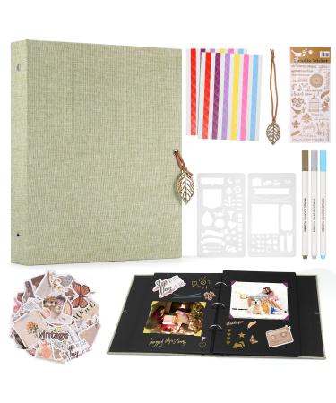DazSpirit Linen Scrapbook 26x21cm Photo Album for DIY with 60 Pages Adhesive Photo Album Including 3 Metallic Color Markers Painting Stencils Various Stickers Memory Book for Family (Green)