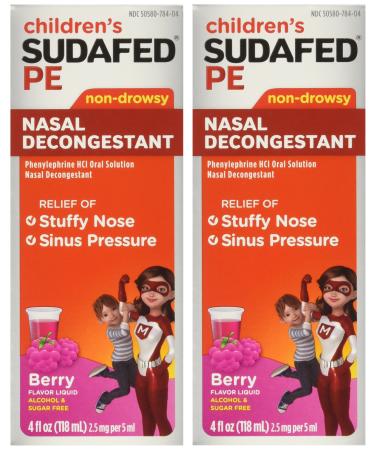 Children's Sudafed PE Nasal Decongestant Non-drowsy Raspberry Flavor Liquid 4-Ounce (Pack of 2) 4 Fl Oz (Pack of 2)