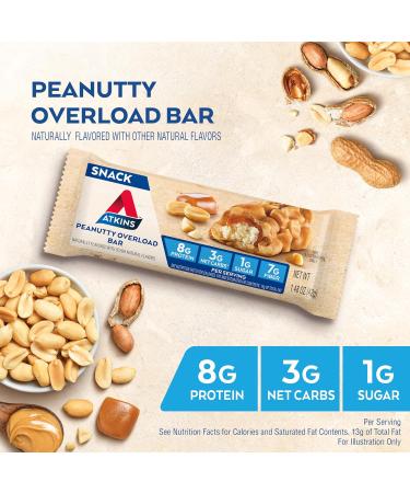 Atkins Peanutty Overload Snack Bar, Protein Snack, High in Fiber, 2g Sugar, 5 Count Peanut 1 Count (Pack of 1) - Buy Online on GoSupps.com