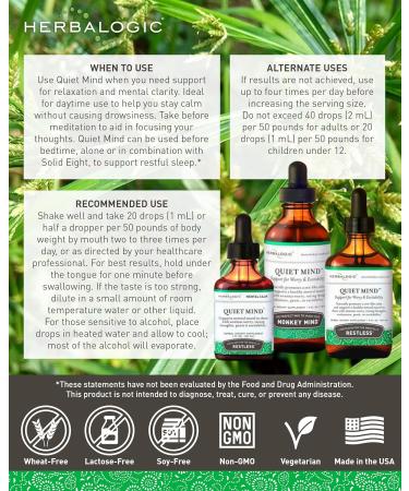 Herbalogic - Quiet Mind Liquid Herb Drops - Non-Sedating Promotes a Feeling of Zen-like Calm - Eases Anxious Worry and Panicky Mood - Based on the Traditional Chinese Formula Gui Pi Tang - 4 Fl. Oz. 4 Fl Oz (Pack of 1) - Buy Online on GoSupps.com