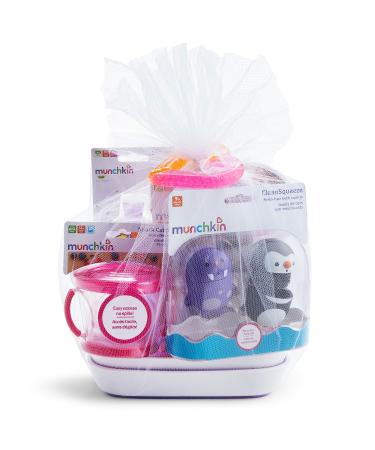 Munchkin  1st Birthday Gift Basket  Includes Sippy Cups  Plates  Feeding Utensils  Snack Catcher  Bath Toy and Teether  Pink