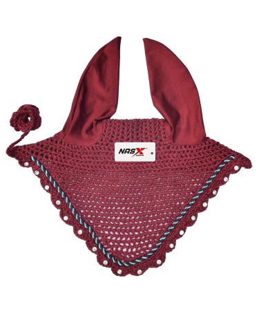 Diamante Crystal Horse Fly Hood Veil Ear Bonnet Flyveil Cotton Crochet Handmade Glitter (FULL Burgundy) FULL Burgundy