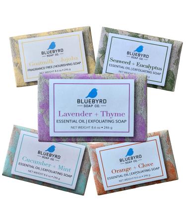 BLUEBYRD Soap Co. 5-Pack Boxed Variety Set Exfoliating Essential Oil Soap Bars | Scented Natural 100% Vegan Bar Soap Gift | Cucumber Mint Goat Milk w/Jojoba Oil Lavender Thyme Orange Clove Seaweed Eucalyptus (SET)