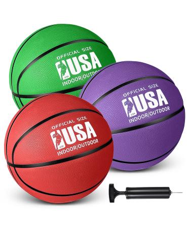 Libima 3 Pcs Official Size 5 7 Basketball Indoor Outdoor Colorful Rubber Basketball for Game Practice Training Basketball with Pump for Kids Youth Teens Men Women Purple, Green, Red Size 5 27.5''