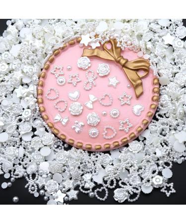 BELICEY Creamy-White Pearls Heart Nail Art Charms 500pcs Mixed Flatback Pearls Bowknot Star for Nails Design Cute 3D Acrylic Pearls Flowers Nail Charms for Manicure DIY Crafts Jewelry Accessories S2-White