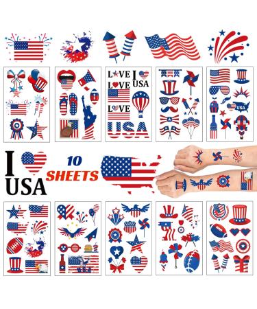 Masper 10 Sheets USA Tattoos Temporary  80 Patriotic Tattoos  4th of July Temporary Tattoos  American Flag Red White and Blue Tattoos  USA Face Tattoos 10 Count (Pack of 1)