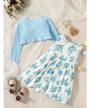 Puseky Toddler Girl Floral Print Dress and Ribbed Cardigan Set - Blue (2-3 Years) - Buy Online on GoSupps.com