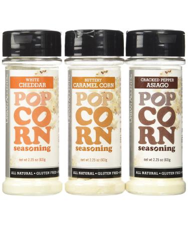 Urban Accents Popcorn Seasoning - All Natural - Gluten Free - Non-GMO - Variety Pack of 3 - Buttery Caramel Corn / Cracked Pepper Asiago / White Cheddar
