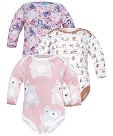 Sibinulo Baby Boys & Baby Girls Body Sleepsuits Romper Infant Toddler Sizes from 0 to 24 Months 100% Eco Cotton Mix Sets with Animals Flowers Multicoloure 0-3 Months Pink Meadow Pink Bears Beige Meadow