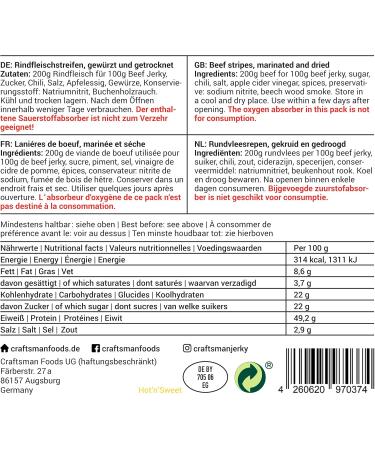  CRAFTSMAN FINEST FOODS Craftsman Beef Jerky Hot & Sweet 500g (5 x 100g) - Dried meat in Germany - Bavaria - American Jerky Beef - 100% beef - Hot'n'Sweet - Premium Beef - Made in Germany - Buy Online on GoSupps.com