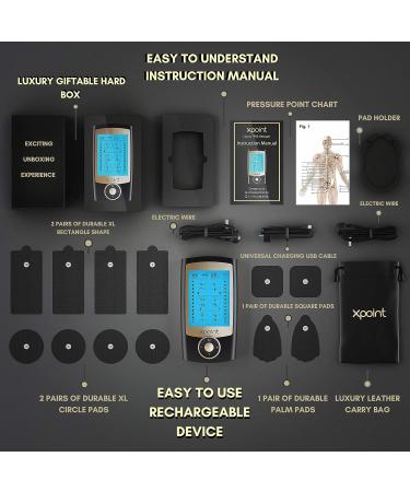 Xpoint Dual Channel Luxury TENS EMS Unit - 16 Modes 12 Large Electrode Pads for Back Shoulder Neck Pain Relief | Rechargeable Muscle Stimulator | Max Power Physical Therapy - Black & Gold - Buy Online on GoSupps.com