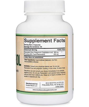 Resveratrol 500mg 120 Capsules - Anti-Aging Support with Natural Polygonum Root Extract - Double Wood Supplements - Buy Online on GoSupps.com