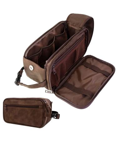 PAVILIA Toiletry Bag for Men, Travel Toiletries Bag | Water-resistant Dopp Kit, PU Leather Shaving Bag Organizer for Toiletry Accessories, Grooming, Hygiene, Cosmetic (Dark Brown) One Size Dark Brown