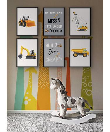 Construction Vehicles Set of 6 Pictures for Children's Room Decor - Excavator, Crane, Forklift, Roller - Baby Boy Room Poster - Vehicle Decoration - DIN A4 Size - No Frame - Buy Online on GoSupps.com