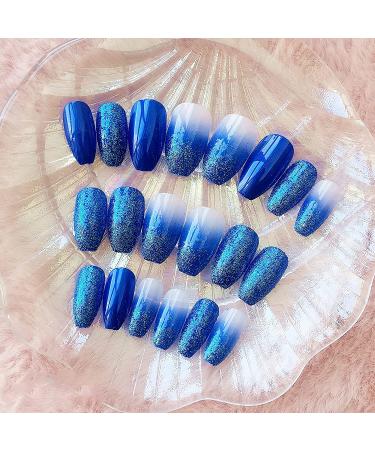 Blue Gradient Glitter Fake Nails | MISUD Medium Coffin Press-On Nails (24pcs) - StyleA-01 - Buy Online on GoSupps.com